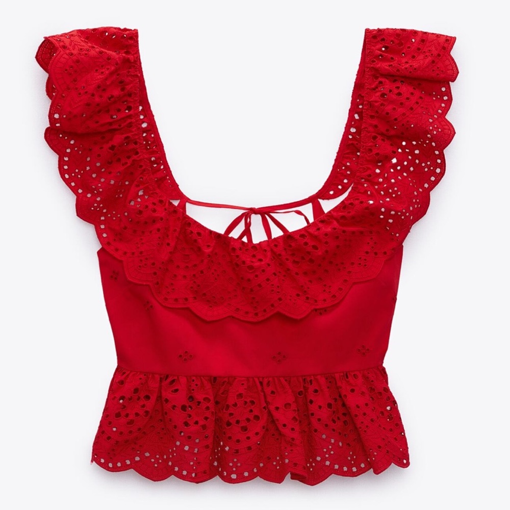 Zara Red Ruffled Crop Top - Picture 3 of 6